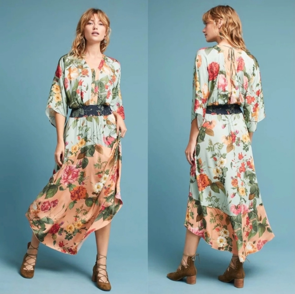 Anthropologie Farm RioFloral V-Neck Dress with Cinched Waist - Size Small
